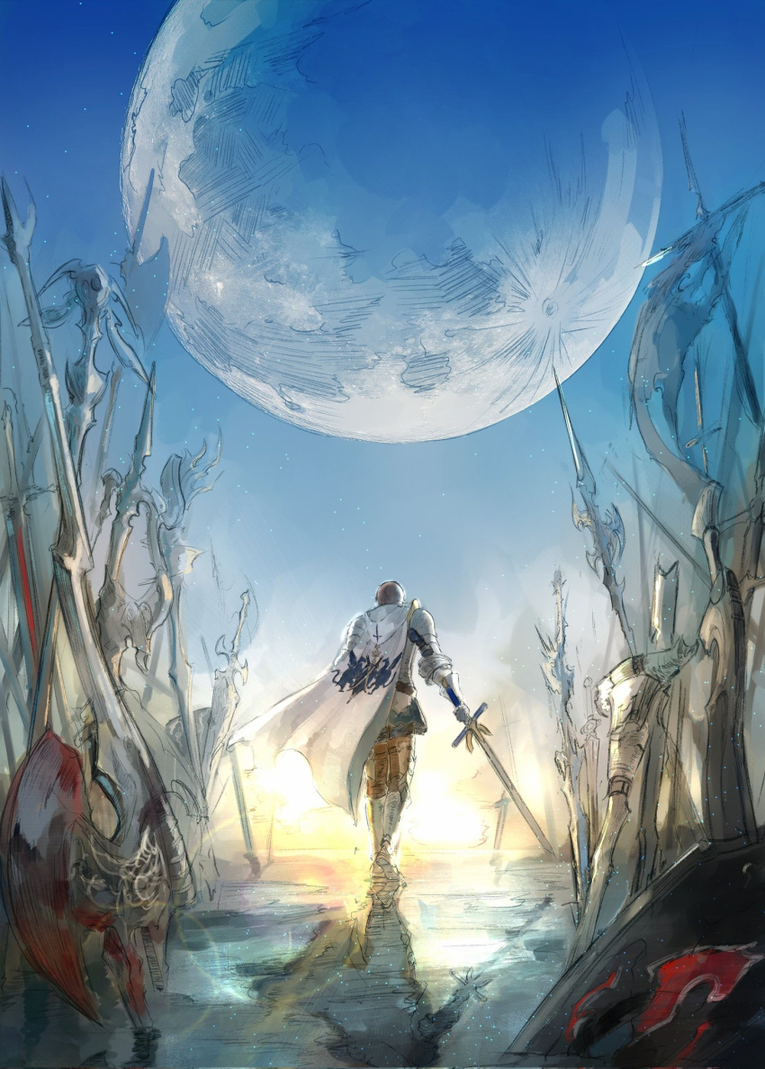 1boy adventurer_(ff14) arm_at_side armor axe banner blue_sky brown_hair cape cho.s.h commentary english_commentary facing_away faulds final_fantasy final_fantasy_xiv from_behind gauntlets greaves highres holding holding_sword holding_weapon hyur lens_flare male_focus moon outdoors paladin_(final_fantasy) pauldrons planted planted_axe planted_sword reflection shield short_hair shoulder_armor sky solo star_(sky) starry_sky sword walking weapon white_cape