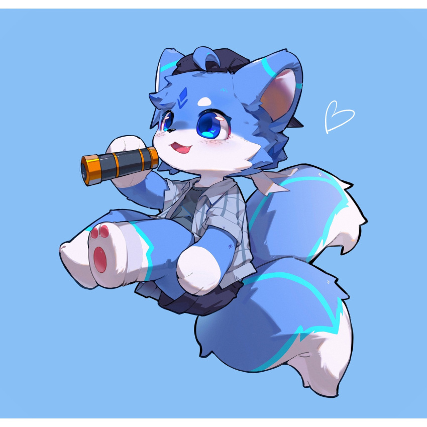 &lt;3 1:1 2021 3_fingers ahoge ambiguous_gender blue_background blue_body blue_bottomwear blue_clothing blue_eyes blue_fur blue_hat blue_headwear blue_shorts blush blush_lines bottomwear canid canine cheek_tuft chibi clothing digital_media_(artwork) dipstick_tail eye_glint facial_markings facial_tuft fingers flannel_shirt fox fur gloves_(marking) hair hat head_markings headgear headwear hi_res holding_object hybrid leg_markings mammal markings multicolored_body multicolored_fur open_mouth pawpads pink_pawpads shaded shorts simple_background socks_(marking) tail_markings tomatoes_(artist) tuft two_tone_body two_tone_face two_tone_fur white_body white_fur