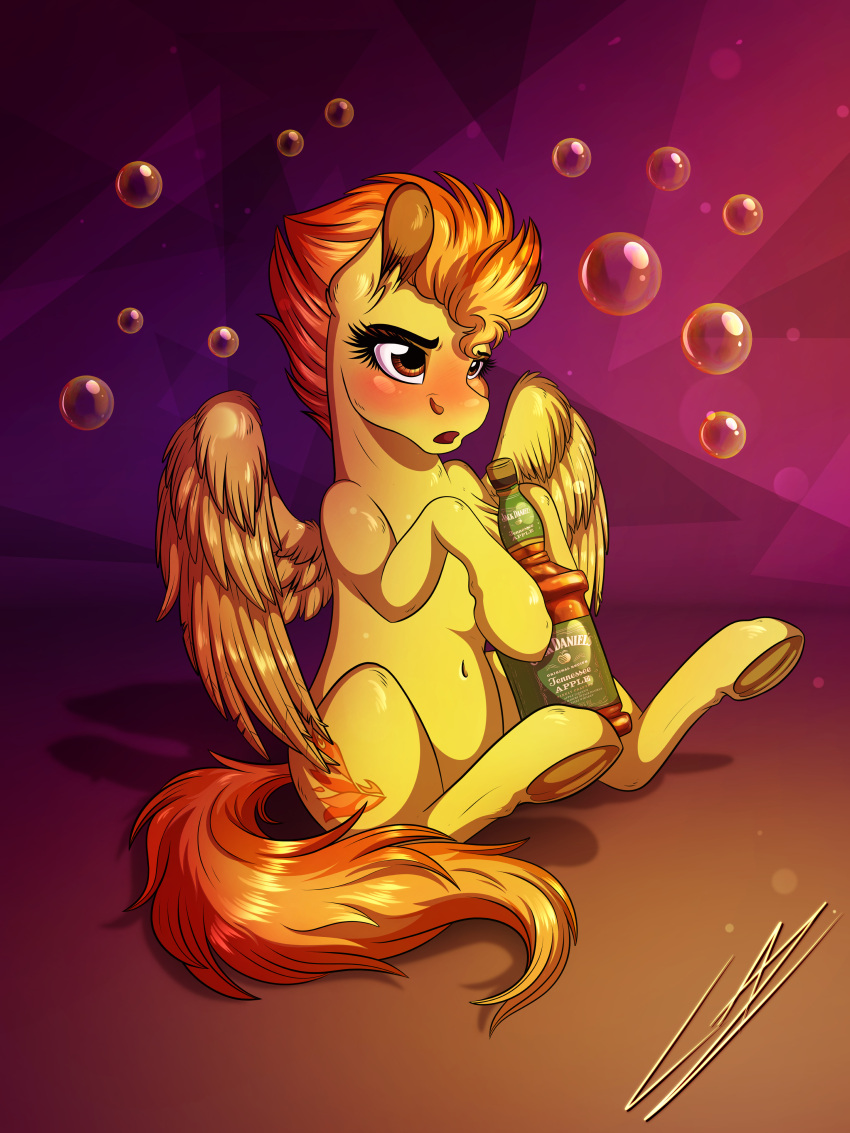 abstract_background absurd_res blonde_hair bottle brown_eyes bubble cutie_mark drunk equid equine feathered_wings feathers friendship_is_magic hair hi_res hooves jack_daniel's mammal multicolored_hair my_little_pony orange_hair pegasus sitting spitfire_(mlp) substance_intoxication two_tone_hair wings wonderbolts_(mlp)