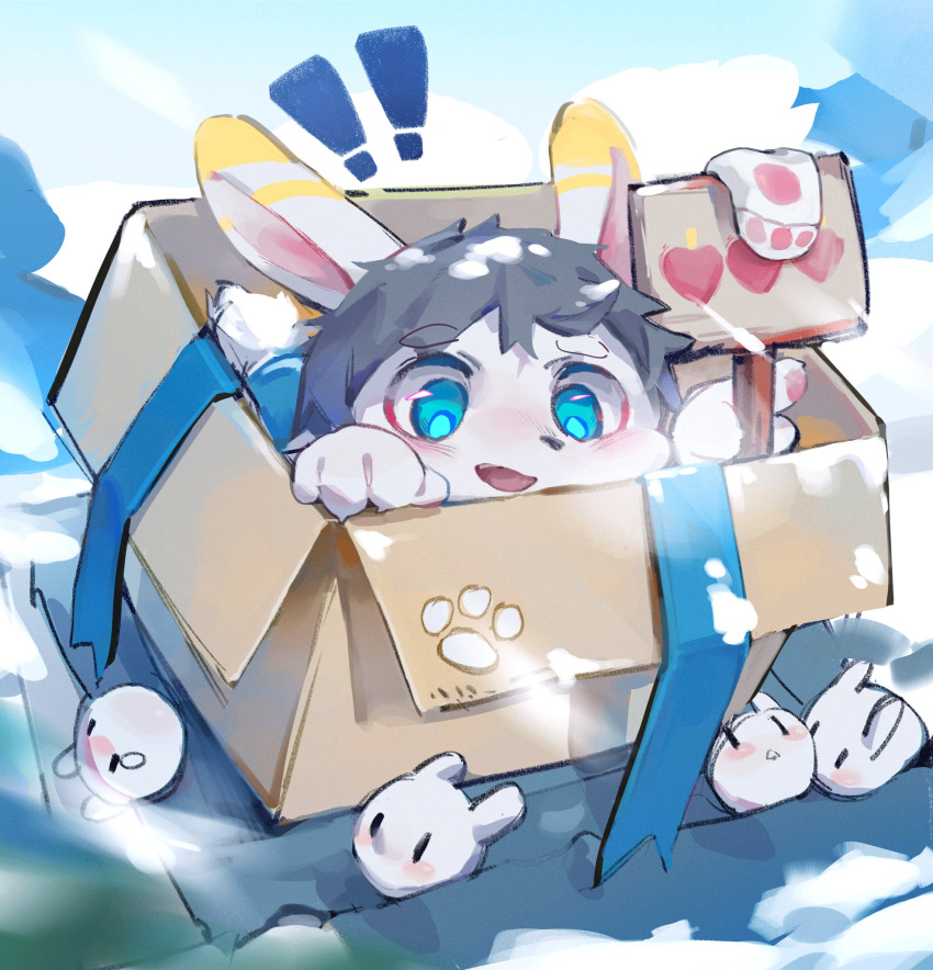 &lt;3 2021 4_fingers ambiguous_gender blue_eyes blush blush_lines chibi circle_eyebrows container digital_media_(artwork) ear_markings exclamation_point eye_glint eyebrows facial_markings fingers fur gift_box grey_hair group hair head_markings hi_res in_box in_container kemono lagomorph leporid mammal markings open_mouth pawpads pink_pawpads rabbit sign snow solo_focus tomatoes_(artist) white_body white_fur yellow_markings