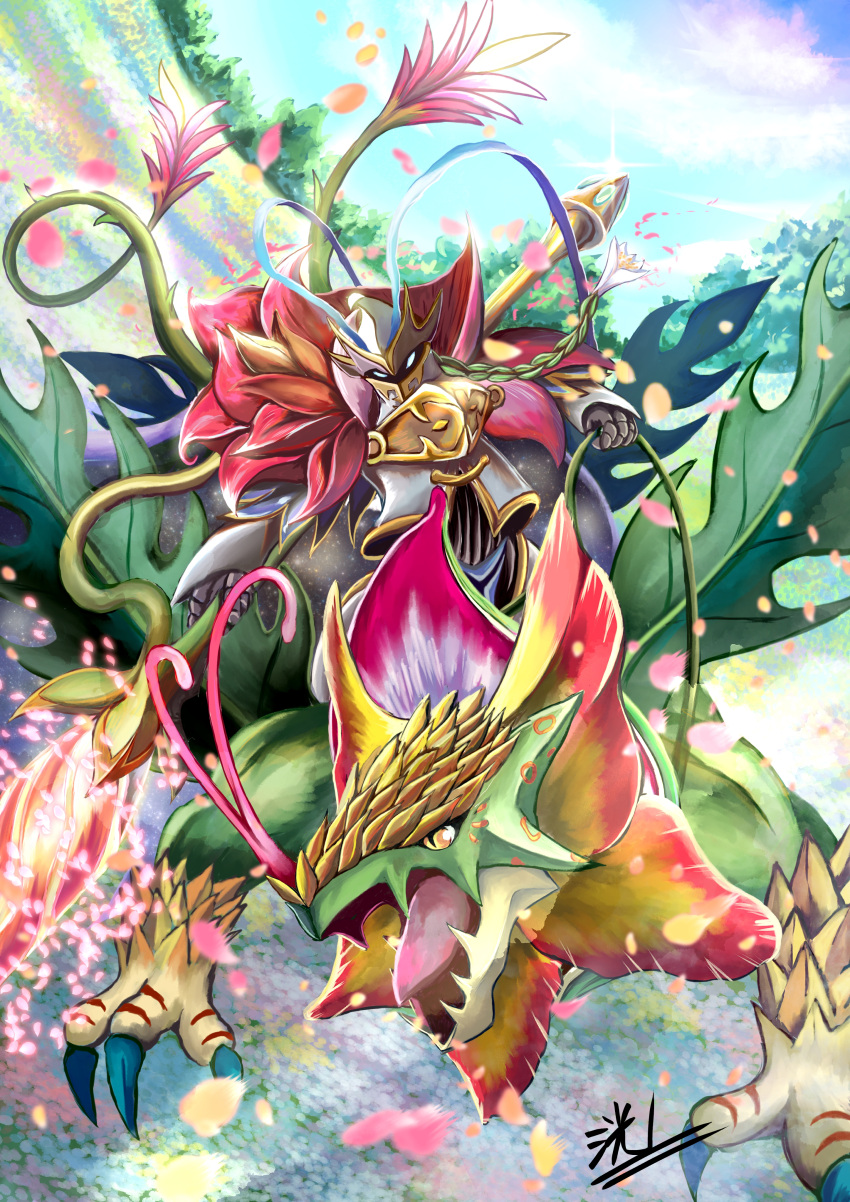 9b3xmkddvuq9qco absurd_res armor bandai_namco bloomlordmon claws detailed_background digimon dragon duo elemental_creature flora_fauna flower flower_field flower_petals flying glowing glowing_eyes green_body green_scales hi_res humanoid lance_(weapon) melee_weapon monster petals plant polearm riding_on_back scales toropiamon weapon