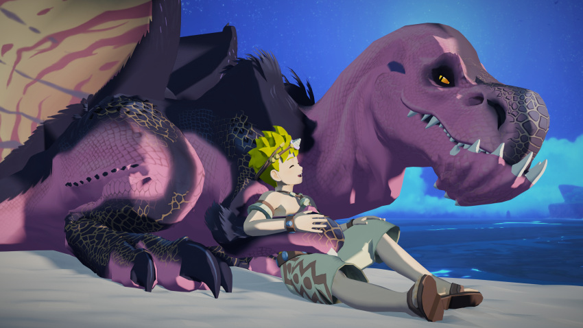 16:9 2022 3d_(artwork) 4k absurd_res ambiguous_gender anjanath beach black_body black_scales blonde_hair brute_wyvern capcom claws clothed clothing cloud detailed_background digital_media_(artwork) dinosaur duo embrace eye_contact eyes_closed feral fur hair half-closed_eyes happy headgear hi_res hug human ivorylagiacrus larger_ambiguous larger_feral looking_at_another looking_at_partner male mammal membrane_(anatomy) monster_hunter monster_hunter_stories monster_hunter_stories_2:_wings_of_ruin narrowed_eyes night open_mouth outside pupils red_body red_scales reptile resting resting_on_arms sand scales scalie sea seaside sharp_claws sharp_teeth shore shoreline sitting size_difference sky slit_pupils smaller_human smaller_male smile teeth theropod video_games water widescreen yellow_eyes