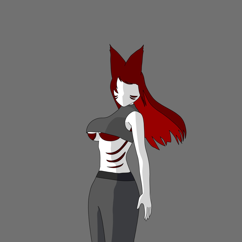 absurd_res amethyst_kitsune amy_kitsune anthro breasts canid canine clothed clothing female female/female fox fox_spirit grey_clothing hair hi_res humanoid long_hair mammal red_hair red_stripes shaded solo stripes under_boob white_body