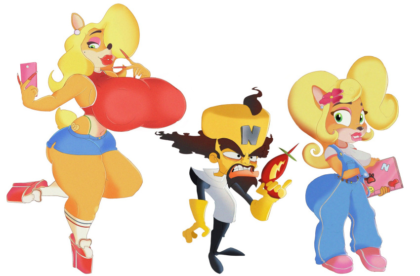 activision anthro bandicoot big_breasts big_butt big_eyes blonde_hair breasts butt clothed clothing coco_bandicoot crabtopus crash_bandicoot_(series) doctor_neo_cortex female fully_clothed group hair hi_res huge_butt human lips male male/female mammal marsupial nipple_outline phone short_stack small_breasts solo tawna_bandicoot thick_thighs trio video_games wide_hips