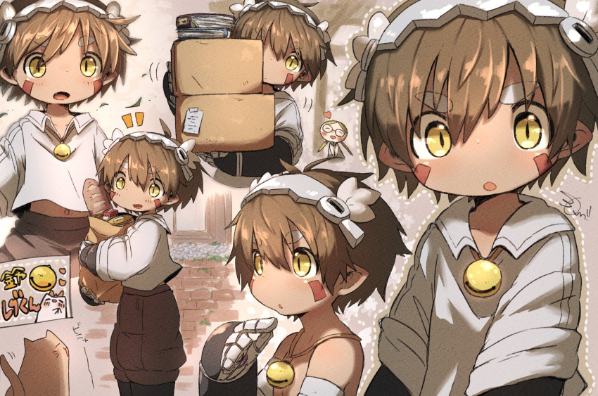 1boy 1girl animal bag bandam bangs bell blonde_hair blue_flower blush book box bread brick_wall brown_cat brown_hair cardboard_box carrying cat chibi closed_eyes closed_mouth collared_shirt commentary_request dark-skinned_male dark_skin facial_mark female_child flower food glasses grey_background hairband heart highres holding holding_bag holding_box jingle_bell long_sleeves looking_to_the_side made_in_abyss male_child male_focus mechanical_arms midriff_peek multiple_views navel neck_bell notice_lines open_mouth package paper_bag parted_bangs parted_lips pointing pointy_ears regu_(made_in_abyss) riko_(made_in_abyss) shirt short_hair sleeves_rolled_up slit_pupils smile thick_eyebrows topless_male translation_request twintails v_arms white_shirt window yellow_eyes