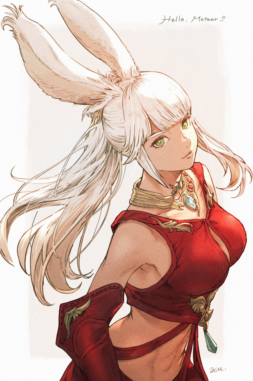 1girl abs animal_ears avatar_(ff14) bangs bare_shoulders blunt_bangs border breasts cleavage_cutout clothing_cutout cropped_shirt detached_sleeves english_text final_fantasy final_fantasy_xiv green_eyes grey_background highres jewelry kuroimori large_breasts long_hair looking_at_viewer midriff necklace ponytail rabbit_ears red_shirt shirt solo upper_body viera white_hair
