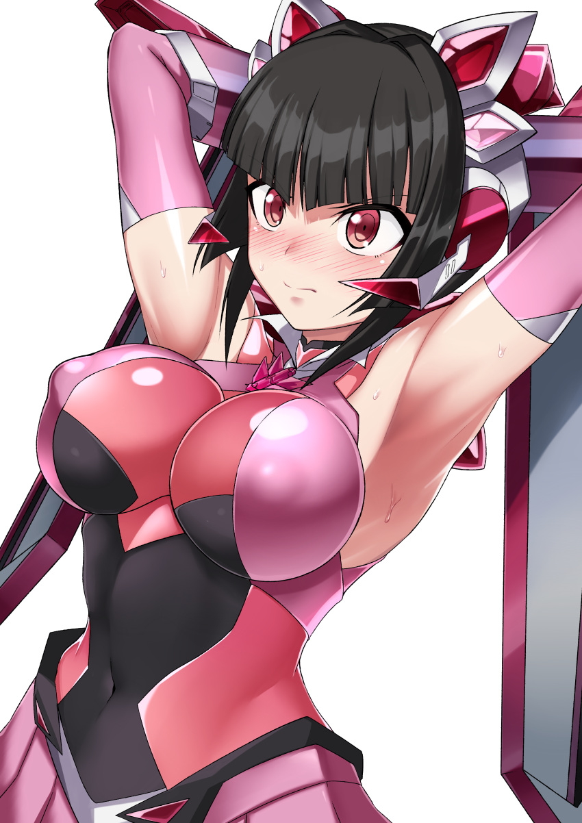 1girl absurdres alternate_breast_size armpits arms_up bangs black_hair blunt_bangs blush breasts covered_navel covered_nipples highres large_breasts leotard long_hair looking_at_viewer older pink_eyes pink_leotard senki_zesshou_symphogear shiny shiny_hair shiny_skin simple_background skirt solo standing sweat tsukuyomi_shirabe twintails white_background zasshu_nigou