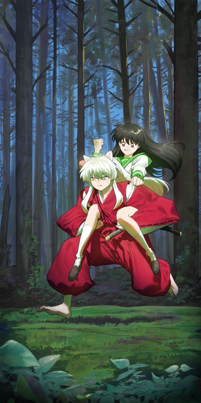 1boy 1girl absurdres barefoot black_hair brown_eyes carrying closed_mouth eyes_visible_through_hair fang fang_out fingernails forest ghdwid hair_between_eyes highres higurashi_kagome inuyasha inuyasha_(character) katana long_fingernails long_hair nature outdoors parted_lips piggyback running scabbard school_uniform serafuku sharp_fingernails sharp_toenails sheath sheathed sweat sweatdrop sword teeth toenails tree uniform weapon wide_sleeves yellow_eyes