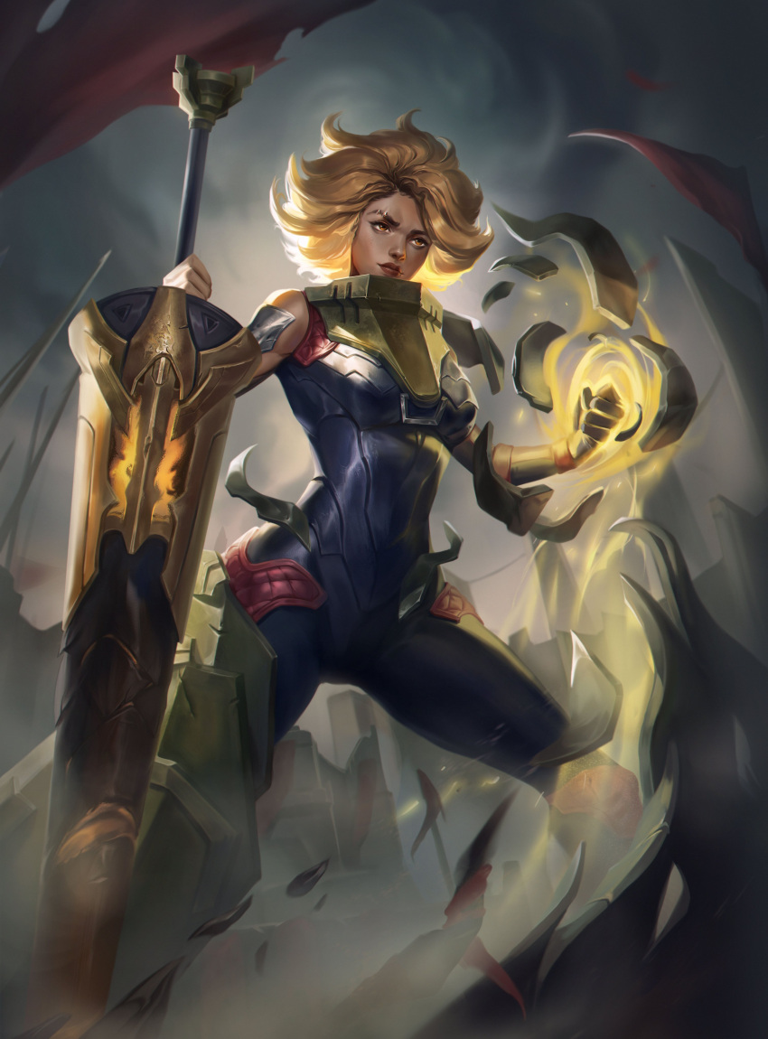 1girl absurdres armor blonde_hair breastplate cloud cloudy_sky crimson81889796 flag glowing glowing_hand highres lance league_of_legends leg_armor long_hair looking_to_the_side outdoors polearm rell_(league_of_legends) sky smile solo weapon yellow_eyes