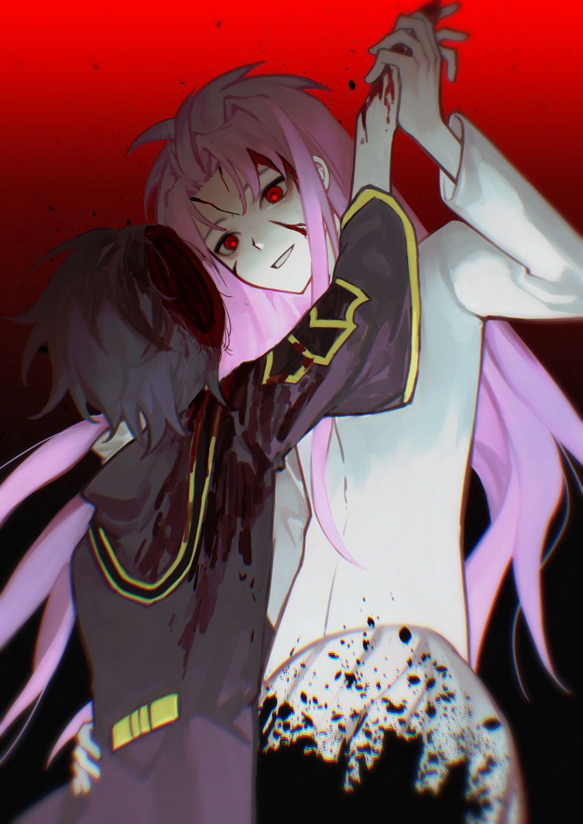 2boys absurdres blood blood_on_clothes blood_on_face blood_on_hands chinese_commentary chromatic_aberration commentary_request evil_grin evil_smile eyebrows_behind_hair gradient gradient_background grin guro hand_grab hand_on_another's_waist hatsutori_hajime highres injury kyoko_(akakikyoko) long_hair long_sleeves male_focus multiple_boys pink_hair purple_hair red_eyes red_pupils saibou_shinkyoku short_hair smile utsugi_noriyuki