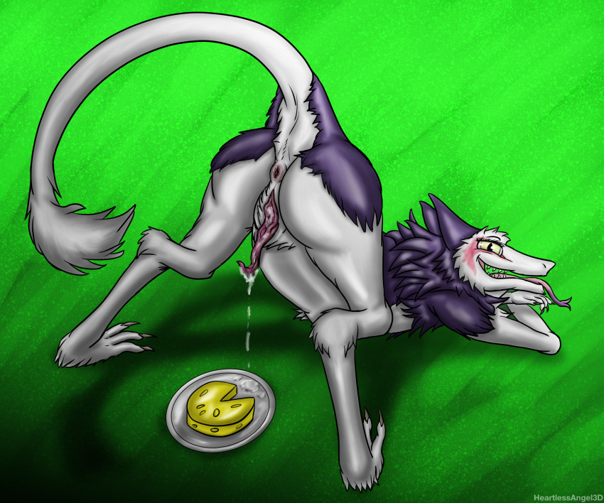 absurd_res anthro anus butt cheese claws dairy_products female food fur genitals heartlessangel3d hi_res jack-o'_pose open_mouth pose presenting presenting_hindquarters purple_body purple_fur pussy rain_silves sergal solo tongue tongue_out white_body white_fur