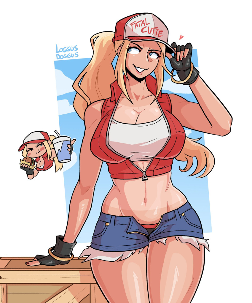 baseball_cap blonde_hair breasts curvy denim fatal_fury fatal_fury_cap fingerless_gloves garou:_mark_of_the_wolves genderswap genderswap_(mtf) gloves hat highres loggus_doggus ponytail snk snk_heroines:_tag_team_frenzy star_(symbol) tan tank_top tanlines terry_bogard the_king_of_fighters vest