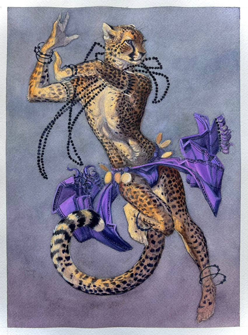 2022 anthro cheetah dancing felid feline hi_res jewelry luikatje male mammal painting_(artwork) solo traditional_media_(artwork) watercolor_(artwork)