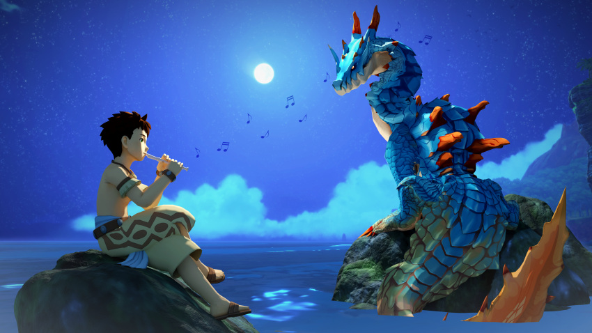 16:9 2022 3d_(artwork) 4k absurd_res ambiguous_gender blue_body capcom claws clothing cloud detailed_background digital_media_(artwork) duo feral flute hair hi_res holding_object horn human ivorylagiacrus lagiacrus leviathan_(mh) light looking_at_another looking_at_partner looking_back male mammal monster_hunter monster_hunter_stories monster_hunter_stories_2:_wings_of_ruin moon moonlight musical_instrument musical_note night on_rock outside playing_flute playing_music rock scales scalie sea sitting sitting_on_rock spikes video_games water widescreen wind_instrument woodwind_instrument yellow_eyes