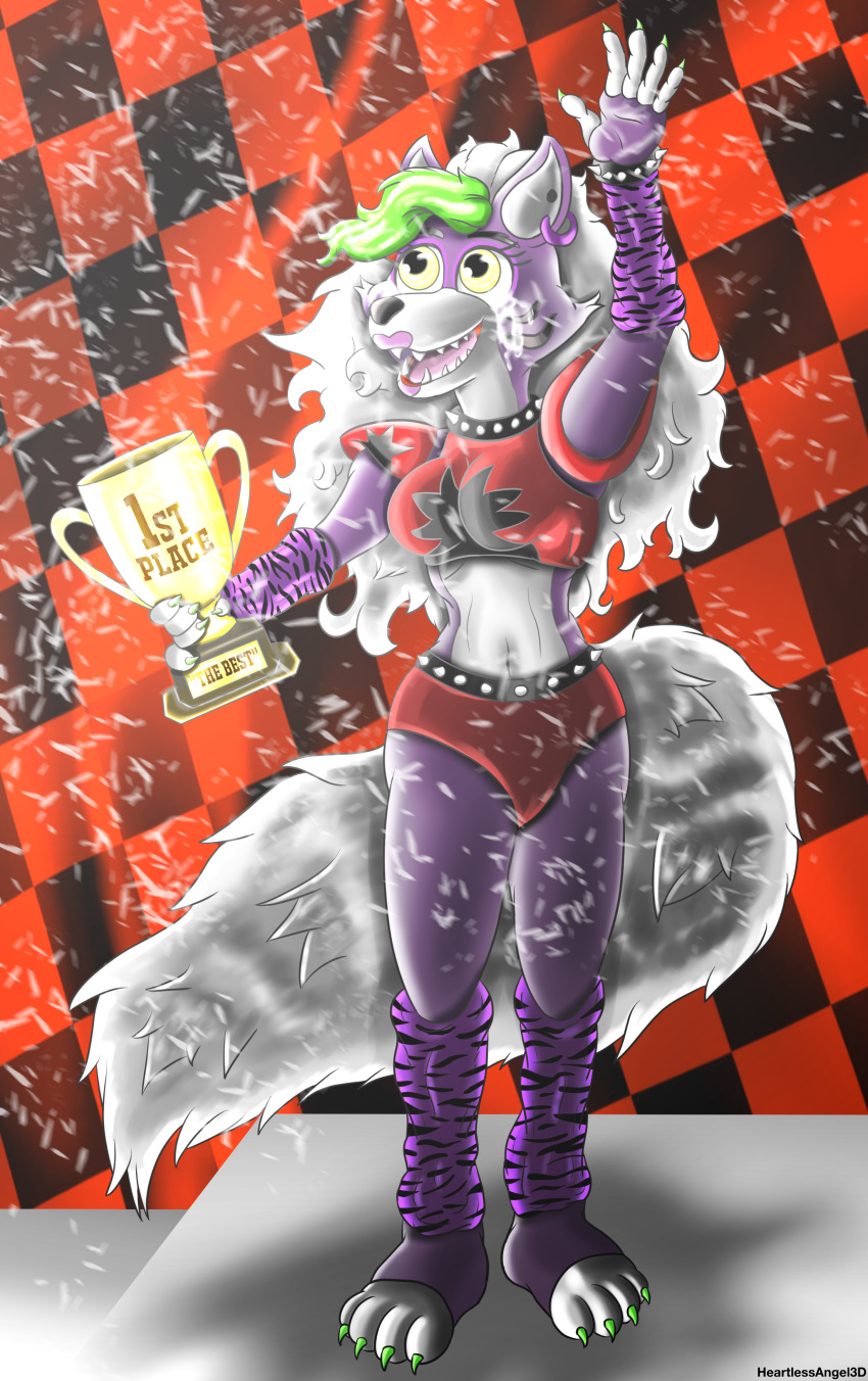 absurd_res anthro award claws clothed clothing confetti female five_nights_at_freddy's five_nights_at_freddy's:_security_breach fur green_hair hair heartlessangel3d hi_res paws purple_body purple_fur roxanne_wolf_(fnaf) scottgames smile solo trophy video_games wave