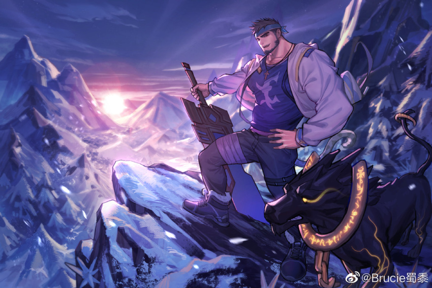 1boy bad_source baimeme bara beard black_dog blue_headband blue_tank_top brown_hair facial_hair headband highres jacket male_priest_(dungeon_and_fighter) mountain muscular muscular_male planted planted_sword snow sword tank_top weapon white_jacket