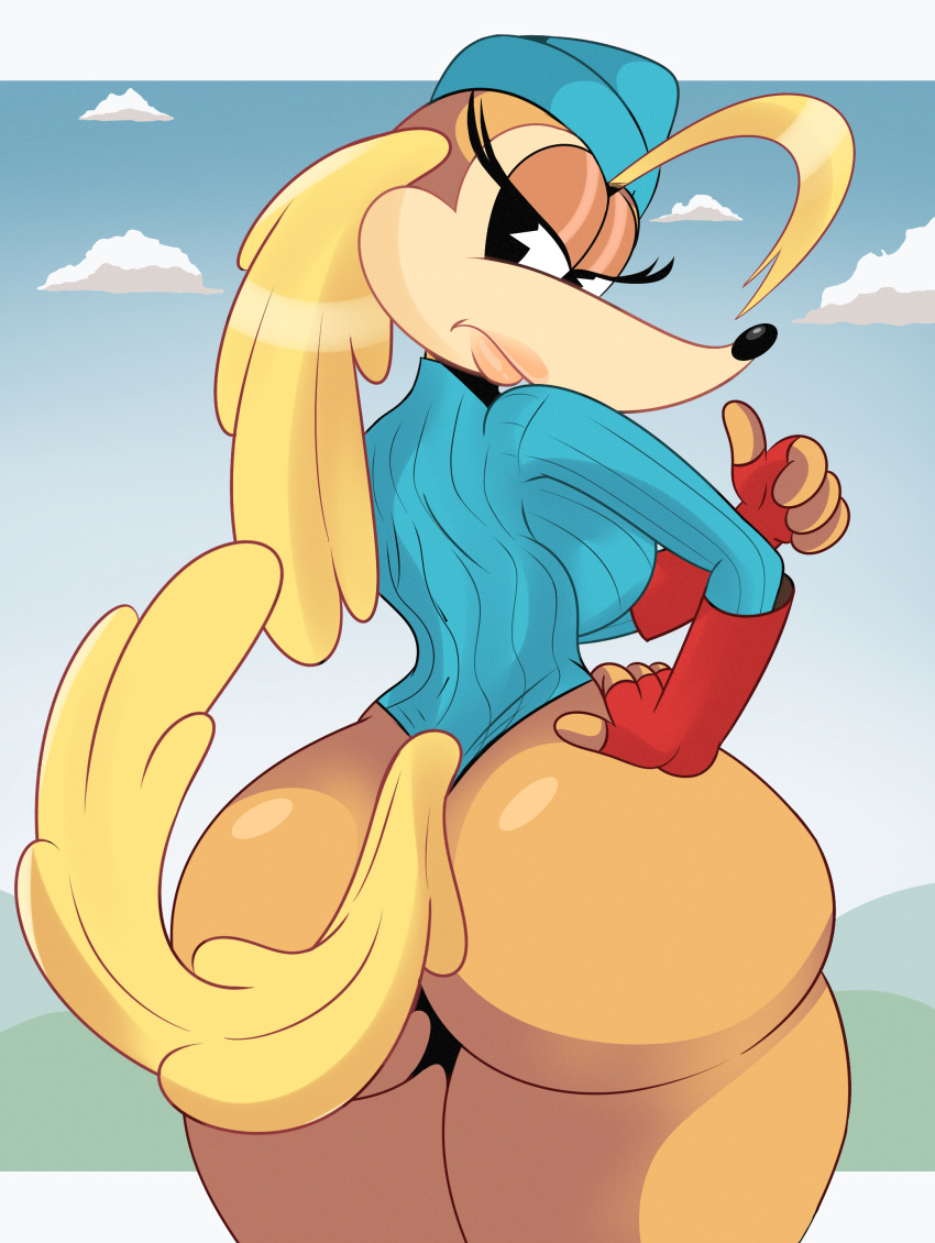 2022 absurd_res anthro big_butt breasts butt cammy_(street_fighter) cammy_white canid canine canis capcom clothing cuphead_(game) domestic_dog female gesture hat headgear headwear hi_res hunting_dog leotard lipstick looking_at_viewer makeup mammal pilot_saluki_(cuphead) pose saluki sighthound solo sonson-sensei street_fighter thumbs_up video_games