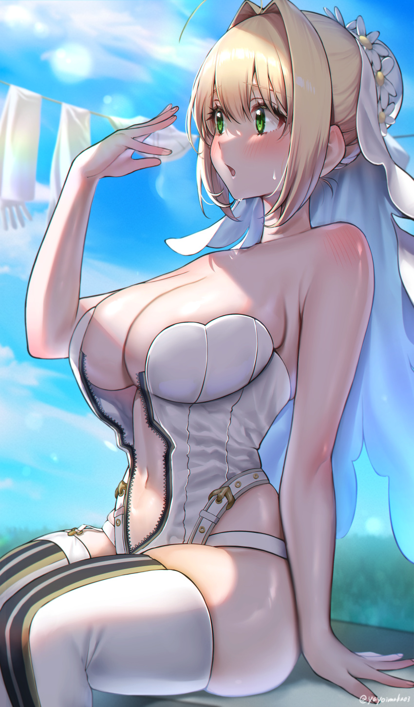 1girl absurdres ahoge bangs bare_shoulders blonde_hair blue_sky blush breasts center_opening cleavage fanning_face fate/extra fate/extra_ccc fate/grand_order fate_(series) flower_wreath green_eyes hair_between_eyes hair_intakes head_wreath highleg highleg_leotard highres large_breasts leotard long_hair navel nero_claudius_(bride)_(fate) nero_claudius_(fate) open_mouth sitting sky solo sweat thighhighs thighs veil white_legwear white_leotard yayoi_maka zipper