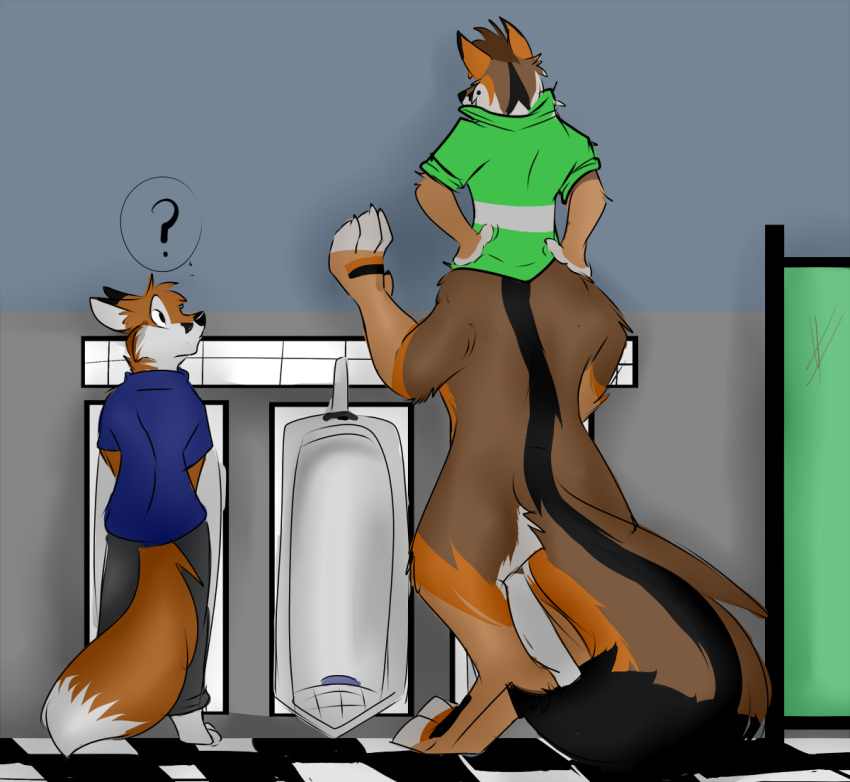 against_surface against_wall anthro bathroom black_body black_fur bottomless brown_body brown_fur canid canine clothed clothing confusion duo floor fox fur hands_on_hips humor kartfox looking_down male mammal orange_body orange_fur question_mark red_fox shirt shirt_only simple_background sirod swift_fox taur tile tile_floor topwear topwear_only urinal