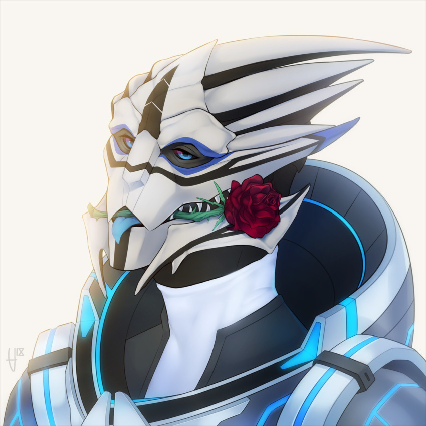 aiws alien armor blue_eyes blue_tongue bodypaint bust_portrait face_paint flower flower_in_mouth hi_res male mass_effect open_mouth plant portrait rose_(flower) rose_in_mouth solo teeth thedax_(character) tongue tongue_out turian video_games