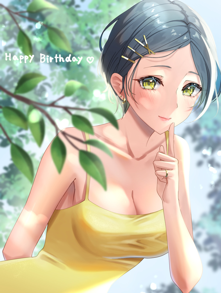 1girl alternate_costume alternate_hairstyle arm_behind_back ayn_(ayn_kau) bangs blurry blurry_background blurry_foreground blush branch breasts cleavage collarbone dark_blue_hair depth_of_field dress earrings finger_to_mouth hair_ornament hairpin happy_birthday hayami_kanade highres idolmaster idolmaster_cinderella_girls jewelry leaf light_smile looking_at_viewer medium_breasts outdoors parted_bangs short_hair sleeveless sleeveless_dress solo yellow_dress yellow_eyes