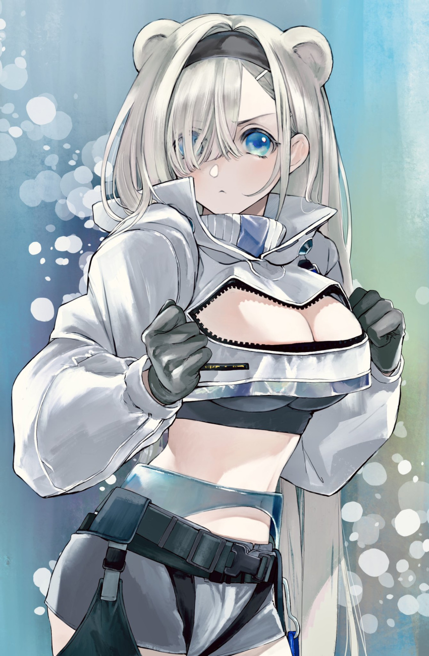 1girl airband animal_ears arknights aurora_(arknights) bear_ears bear_girl belt black_hairband black_shirt blue_eyes breasts cleavage cleavage_cutout clothing_cutout crop_top cropped_jacket eyes_visible_through_hair gloves grey_shorts hair_over_one_eye hairband highres jacket long_hair midriff okome_(okome9219) pouch shirt shorts shrug_(clothing) unzipped upper_body white_hair white_jacket