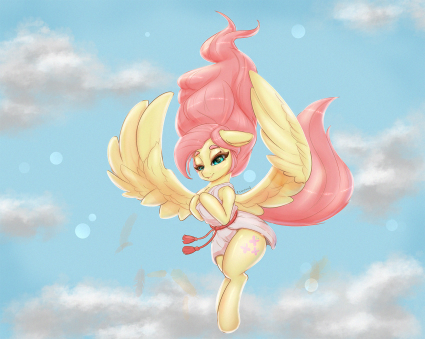 clothing cloud cutie_mark equid equine eyebrows eyelashes feathered_wings feathers female feral fluttershy_(mlp) flying friendship_is_magic hair half-closed_eyes hasbro inkypuso mammal my_little_pony narrowed_eyes pegasus pink_hair pink_tail sky thick_eyebrows wings yellow_body yellow_feathers