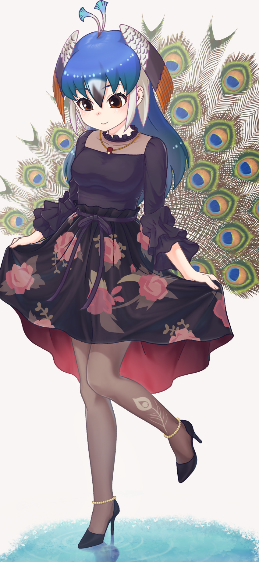 1girl absurdres anklet bird_girl bird_tail bird_wings black_dress black_footwear black_legwear black_sleeves blue_hair brown_eyes brown_hair collar dress floral_print frilled_collar frilled_sleeves frills head_wings high_heels highres hoshino_mitsuki jewelry kemono_friends kemono_friends_3 long_hair multicolored_hair necklace official_alternate_costume orange_hair pantyhose peacock_feathers peafowl_(kemono_friends) simple_background solo standing standing_on_one_leg tail white_background wings