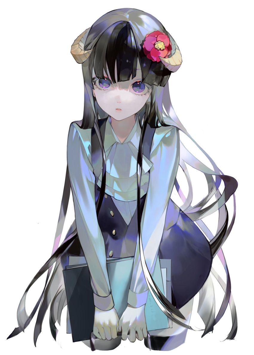 1girl bangs black_hair black_legwear black_skirt buttons commentary cowboy_shot cropped_legs eyebrows_behind_hair flower folder gloves glycan hair_flower hair_ornament highres holding holding_folder horns inu_x_boku_ss leaning_forward long_hair long_sleeves looking_at_viewer parted_lips pencil_skirt purple_eyes shirakiin_ririchiyo simple_background skirt solo symbol-only_commentary thighhighs very_long_hair white_background white_gloves