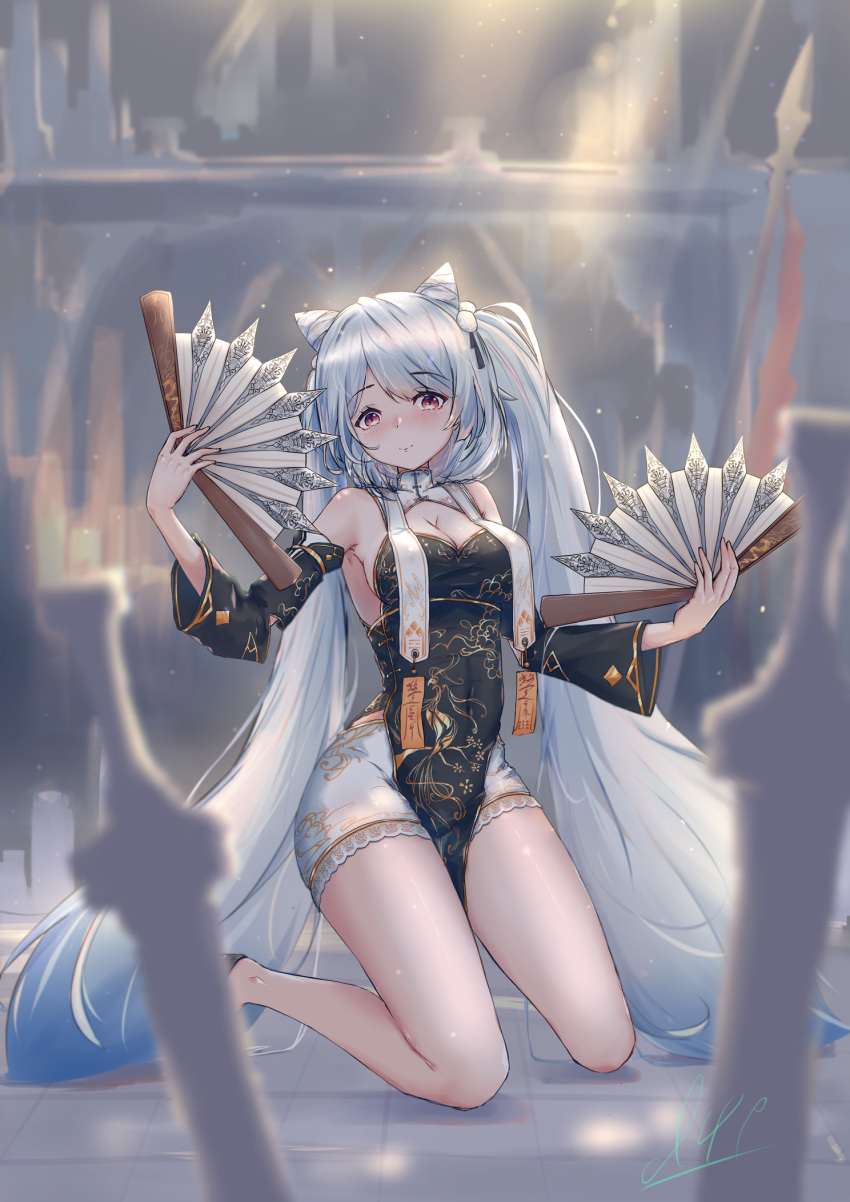 1girl 2318257725 alternate_costume azur_lane breasts china_dress chinese_clothes chinese_commentary cleavage cleavage_cutout clothing_cutout detached_sleeves dress drill_hair folding_fan full_body gold_trim hair_horns hand_fan highres holding holding_fan kiev_(azur_lane) kneeling long_hair medium_breasts orange_eyes pelvic_curtain shorts signature tessen twin_drills twintails very_long_hair war_fan white_hair white_shorts