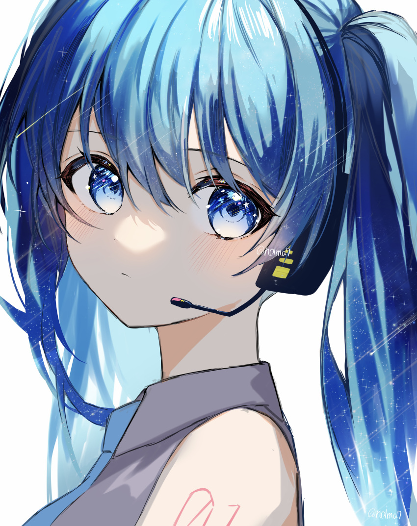 1girl absurdres bangs blue_eyes blue_hair blue_necktie blush face hair_between_eyes hatsune_miku headphones highres long_hair necktie nolma7 solo twintails vocaloid white_background