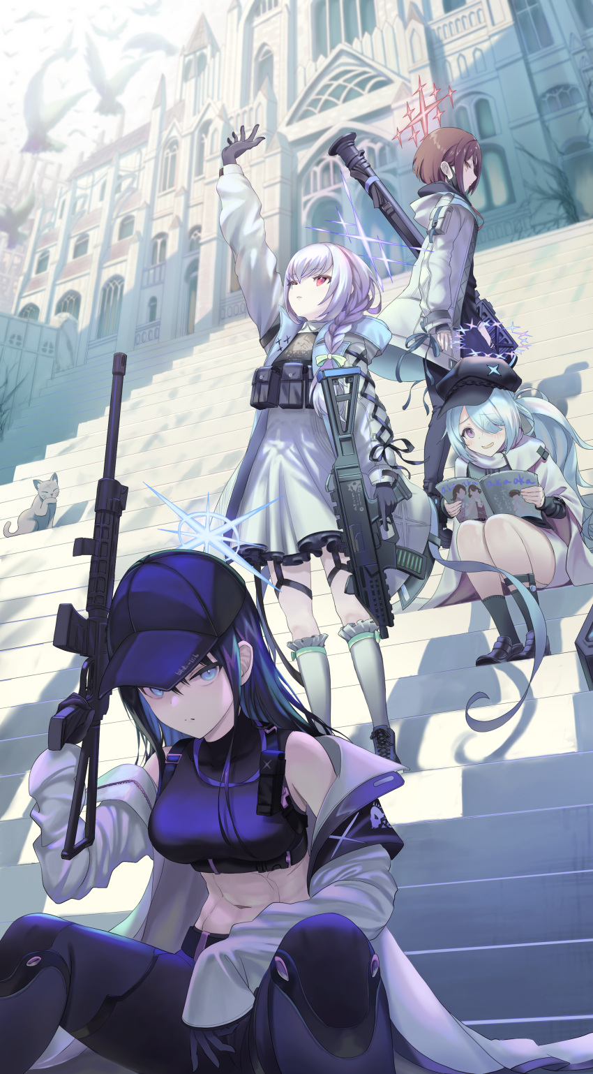 4girls absurdres arm_up armband assault_rifle asymmetrical_bangs atatatatame01 atsuko_(blue_archive) bangs bare_shoulders baseball_cap belt belt_pouch bird black_belt black_gloves black_hair black_headwear black_hoodie black_mask black_pants black_shirt blue_archive blue_eyes blush bow braid breasts cabbie_hat cat chest_harness closed_mouth commentary crop_top cross-laced_sleeves cz_scorpion_evo_3 dress fim-92_stinger frilled_legwear full_body gloves gun hair_between_eyes hair_bow hair_ornament hair_over_one_eye halo hands_up harness hat highres hiyori_(blue_archive) holding holding_gun holding_magazine holding_weapon holster hood hood_down hooded_jacket hoodie jacket kneehighs light_green_hair loafers long_hair long_sleeves looking_at_viewer looking_up low_twin_braids magazine_(object) mask mask_around_neck medium_breasts midriff misaki_(blue_archive) mouth_mask multiple_girls navel open_clothes open_jacket open_mouth outdoors pants parted_lips pink_hair pouch red_eyes rifle rocket_launcher saori_(blue_archive) scarf shadow shirt shoes short_hair side_ponytail sidelocks sig_516 sig_sauer sitting skirt sleeveless sleeveless_shirt snap-fit_buckle stairs standing surgical_mask thigh_holster toned trigger_discipline twin_braids underbust weapon weapon_case white_dress white_jacket white_scarf white_skirt