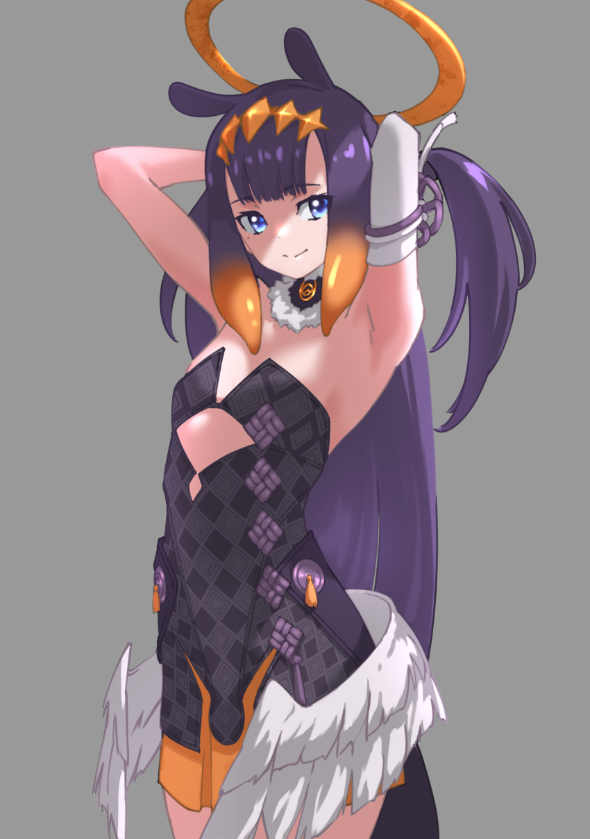 1girl absurdres armpits arms_behind_head arms_up bangs blue_eyes blunt_bangs bunching_hair commentary cowboy_shot detached_collar dress flat_chest grey_background halo highres hololive hololive_english long_hair looking_at_viewer low_wings mole mole_under_eye ninomae_ina'nis purple_hair simple_background smile solo strapless strapless_dress tanabe_(fueisei) twintails very_long_hair virtual_youtuber white_wings wings