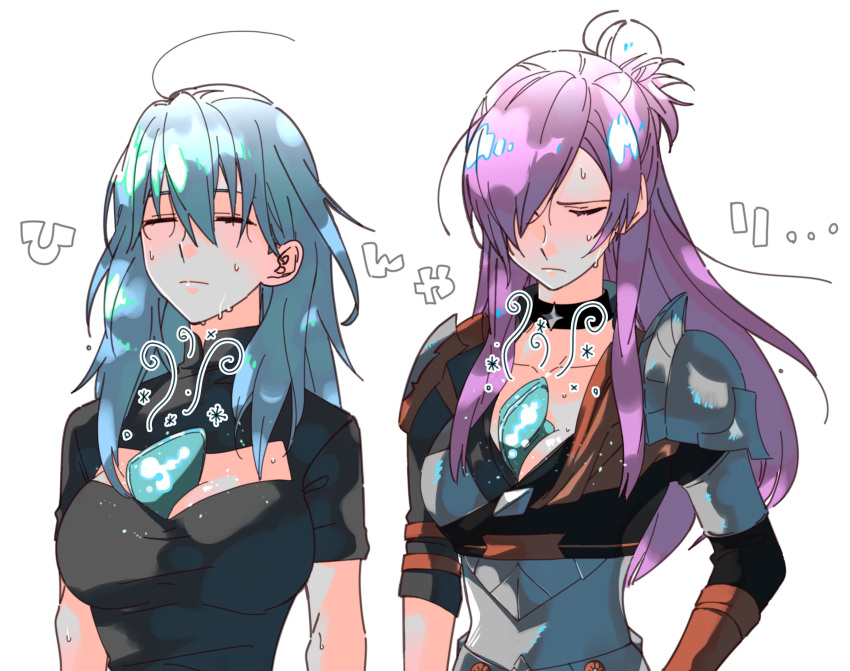 2girls absurdres between_breasts blue_hair breasts byleth_(fire_emblem) byleth_(fire_emblem)_(female) cleavage closed_eyes fire_emblem fire_emblem:_three_houses fire_emblem_warriors:_three_hopes hair_bun hair_over_one_eye highres ice_pack illust_mi long_hair multiple_girls purple_hair shez_(fire_emblem) shez_(fire_emblem)_(female) simple_background single_hair_bun sweat upper_body