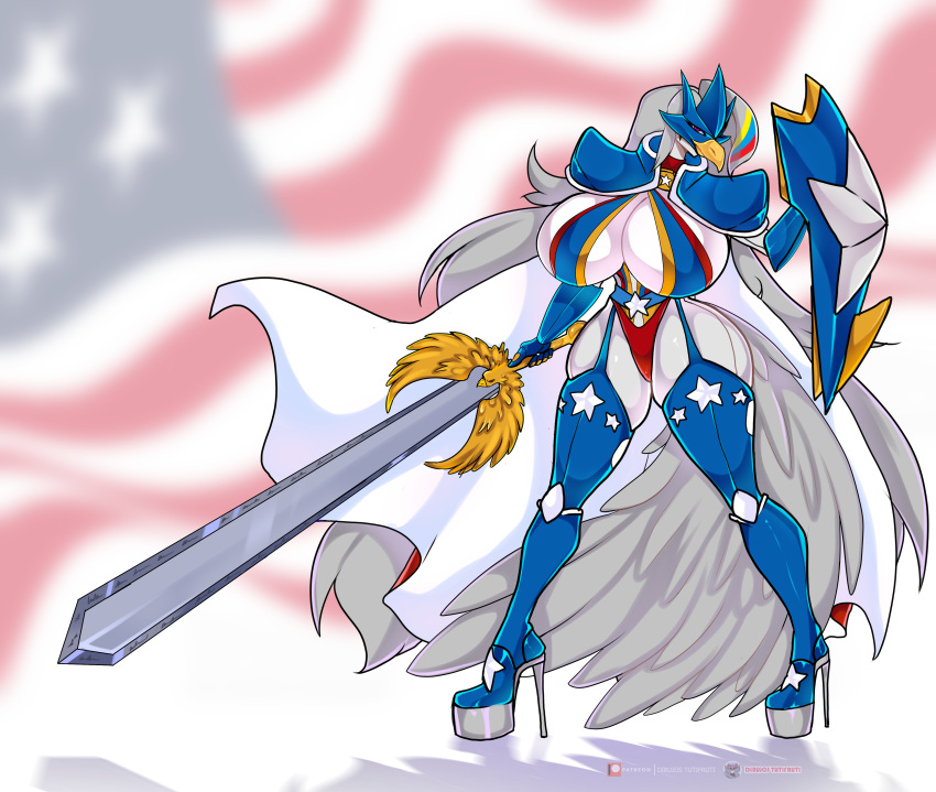 4th_of_july absurd_res accipitrid accipitriform anthro armor avian bald_eagle big_breasts bird breasts cape chroma_(famwammer) clothing dibujos_tutifruti eagle famwammer feathers female fighting_pose garter_straps hair hi_res high_heels huge_breasts legwear mask melee_weapon patriotic_clothing patriotism pauldron platform_footwear platform_heels politics pose purple_eyes sea_eagle shield silver_hair solo superhero superhero_costume sword tail_feathers thigh_highs tricolor weapon