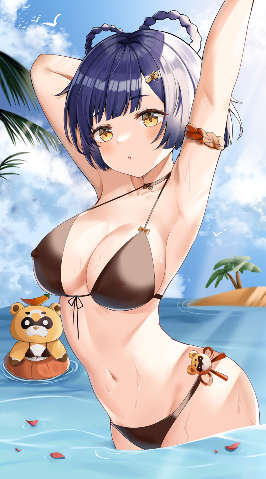 1girl :o absurdres arm_scrunchie armpits arms_up bangs bikini bird black_bikini blue_hair blue_sky blunt_bangs blush breasts chili_pepper cleavage cloud cloudy_sky covered_nipples front-tie_bikini front-tie_top genshin_impact guoba_(genshin_impact) hair_ornament hair_rings hairclip highres innertube looking_at_viewer medium_breasts navel ocean orange_scrunchie palm_leaf panda partially_submerged petals scrunchie seagull shi_zhuzi_da short_hair side-tie_bikini sky string_bikini sunlight swimsuit wet xiangling_(genshin_impact) yellow_eyes