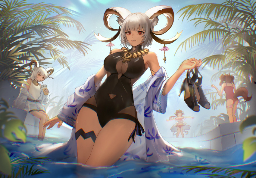 4girls angelina_(arknights) angelina_(summer_flowers)_(arknights) animal_ears arknights beeswax_(arknights) beeswax_(weisser_sand)_(arknights) bikini blue_sky breasts brown_hair carnelian_(arknights) carnelian_(shining_dew)_(arknights) casual_one-piece_swimsuit cleavage cleavage_cutout clothing_cutout cup dark-skinned_female dark_skin disposable_cup eyjafjalla_(arknights) eyjafjalla_(summer_flowers)_(arknights) food fox_ears fox_girl fox_tail goat_ears goat_girl goat_horns highres holding holding_cup holding_food horns jacket large_breasts leaf long_hair looking_at_viewer multiple_girls navel navel_cutout off-shoulder_bikini off_shoulder official_alternate_costume one-piece_swimsuit open_clothes open_jacket parted_lips pink_bikini red_eyes red_swimsuit shirt short_hair siblings sisters sky spaghetti_strap swimsuit tail tail_through_clothes thigh_strap thighs twintails ufoliving water white_hair white_jacket white_shirt yellow_eyes