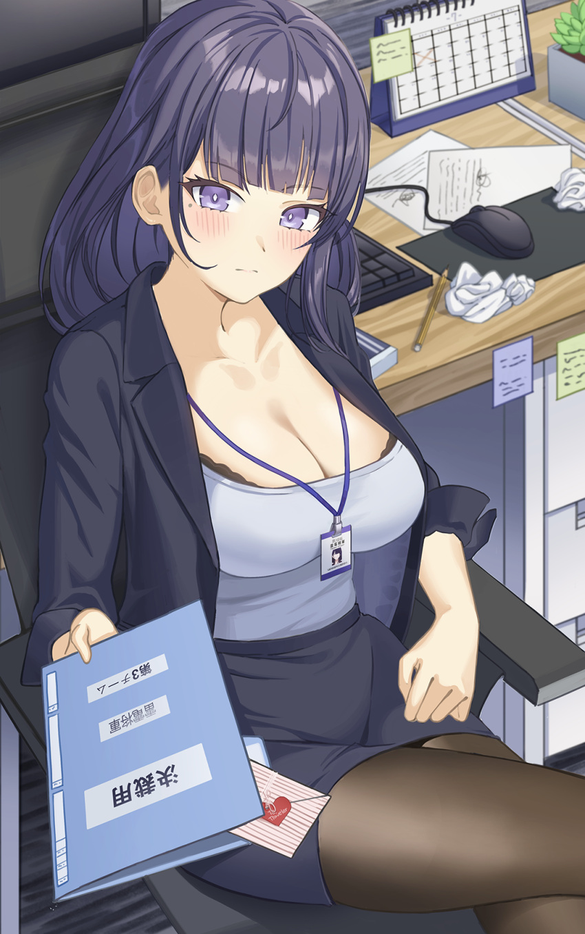 1girl :| alternate_costume bangs black_bra blunt_bangs blush book bra bra_peek breasts bright_pupils brown_legwear calendar_(object) chair cleavage closed_mouth coat crossed_legs desk envelope expressionless genshin_impact heart highres holding holding_book id_card indoors keyboard_(computer) long_hair long_sleeves low_neckline mole mole_under_eye mouse_(computer) o-los office_chair office_lady on_chair outstretched_arm pantyhose paper pencil_skirt plant potted_plant purple_coat purple_eyes purple_hair purple_skirt raiden_shogun shirt shirt_tucked_in sidelocks sitting skirt sleeves_rolled_up solo sticky_note underwear used_tissue white_pupils white_shirt