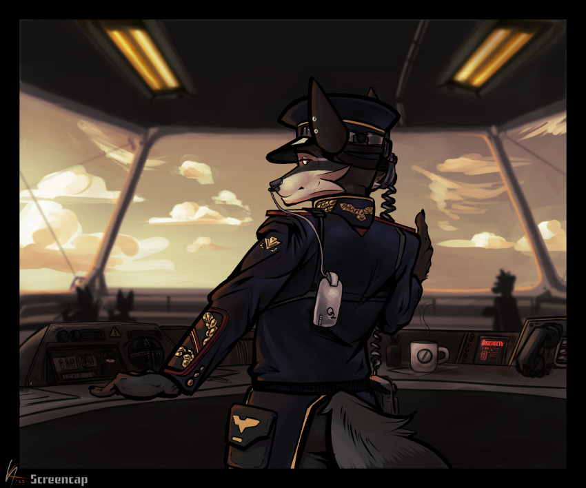 anthro clothed clothing detailed_background dieselpunk digital_media_(artwork) digital_painting_(artwork) fur gas_mask group headgear headphones headset headwear hi_res highfleet_(game) male mammal mask military military_uniform procyonid raccoon screencap_(artist) shaded solo_focus uniform video_games