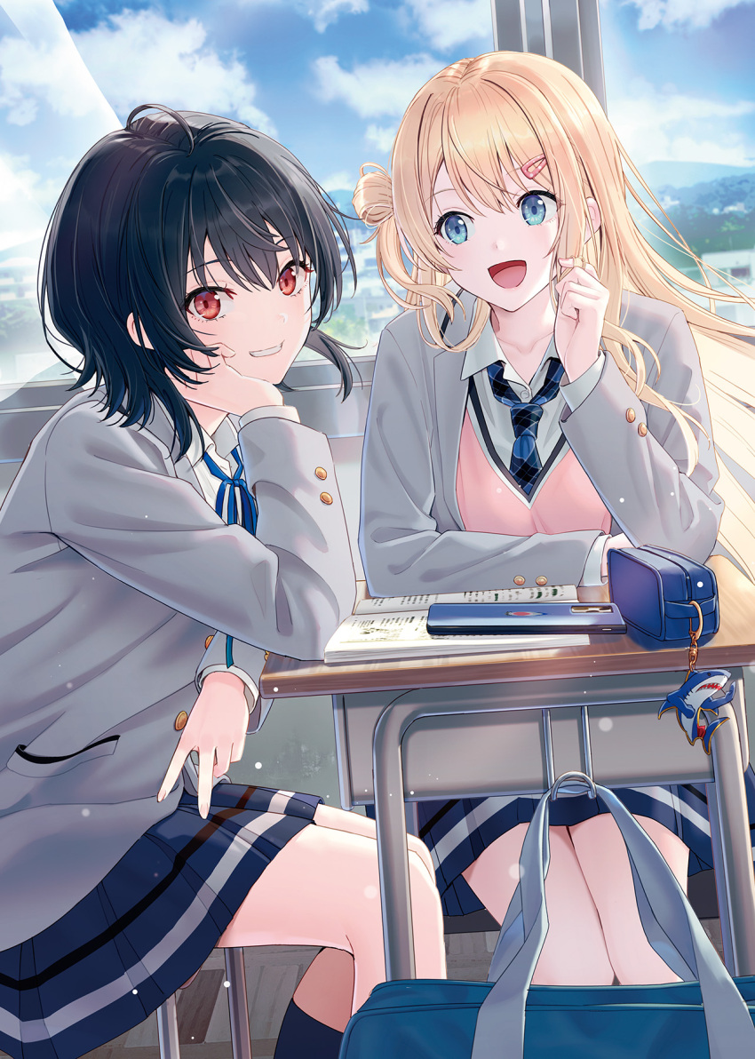 2girls :d bag bangs black_hair black_legwear blazer blonde_hair blue_eyes blue_necktie blue_ribbon blue_skirt blue_sky chair cloud cloudy_sky collarbone collared_shirt copyright_request day desk grey_jacket grin hair_between_eyes hair_bun hair_ornament hair_twirling hairclip hand_up highres hyuuga_azuri indoors jacket long_hair long_sleeves looking_at_another looking_at_viewer multiple_girls neck_ribbon necktie on_chair one_side_up open_clothes open_jacket plaid_necktie pleated_skirt red_eyes ribbon school_bag school_chair school_desk school_uniform shirt single_side_bun sitting skirt sky smile socks sunlight sweater_vest white_shirt window
