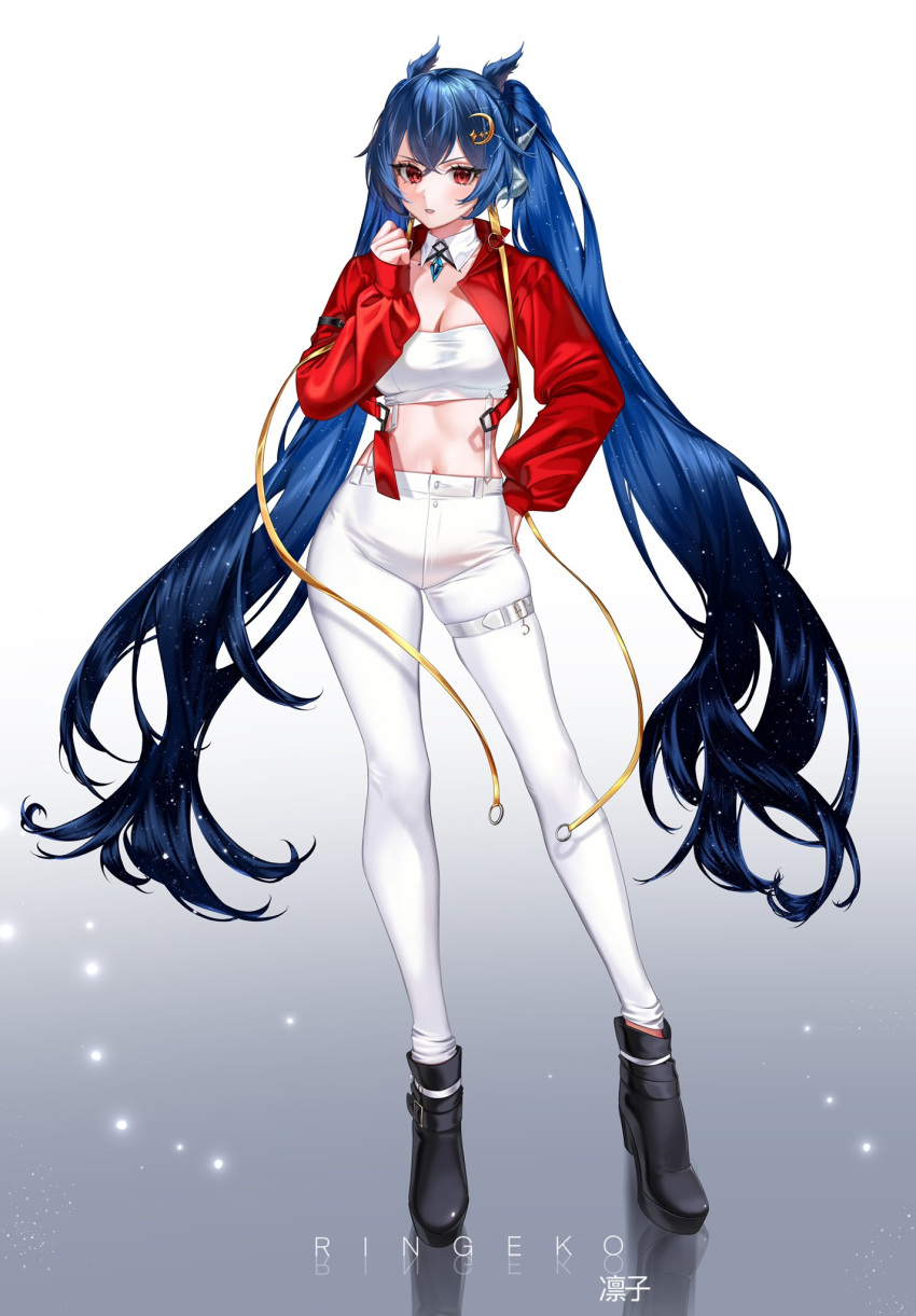 1girl artist_name blue_hair boots breasts cleavage cloud9 cropped_jacket detached_collar dragon_girl dragon_horns full_body hair_between_eyes high_heel_boots high_heels highres horns jacket long_hair long_sleeves medium_breasts midriff navel open_clothes open_jacket pants red_eyes ringeko-chan solo standing symbol-only_commentary thigh_strap twintails very_long_hair vienna_(vtuber) virtual_youtuber watermark