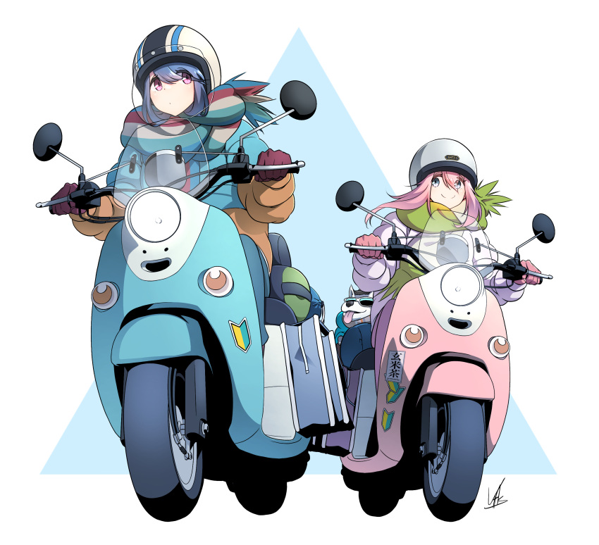 2girls absurdres blue_eyes blue_hair dog down_jacket gloves green_scarf ground_vehicle hair_between_eyes helmet highres jacket kagamihara_nadeshiko long_hair looking_at_another motor_vehicle motorcycle multiple_girls pink_gloves pink_hair pink_jacket purple_eyes purple_gloves riding scarf shima_rin smile sunglasses tongue tongue_out yamaha_vino yasu_(pixiv) yurucamp