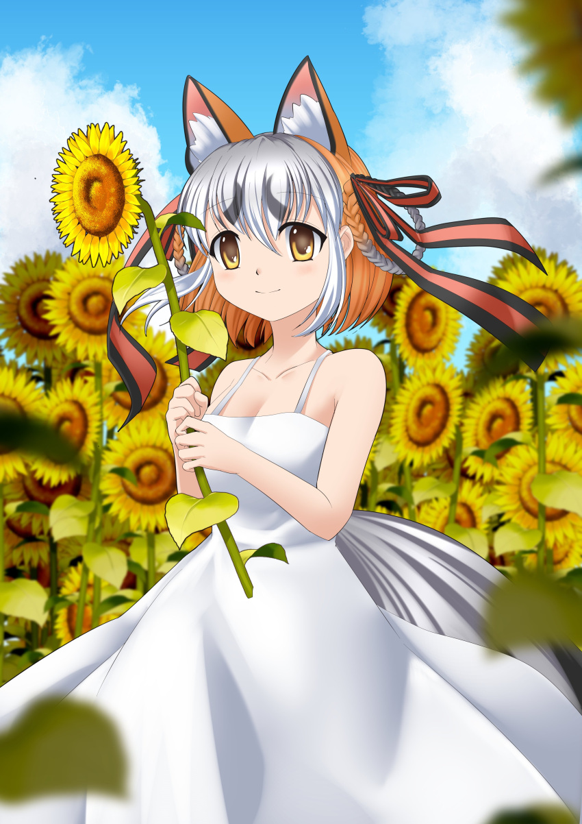 1girl absurdres air animal_costume animal_ear_fluff animal_ears dress flower fox_ears fox_girl fox_tail highres island_fox_(kemono_friends) kawanami_eito kemono_friends kemono_friends_v_project key_(company) looking_at_viewer multicolored_hair parody ribbon smile solo summer sunflower tail virtual_youtuber white_dress yellow_eyes