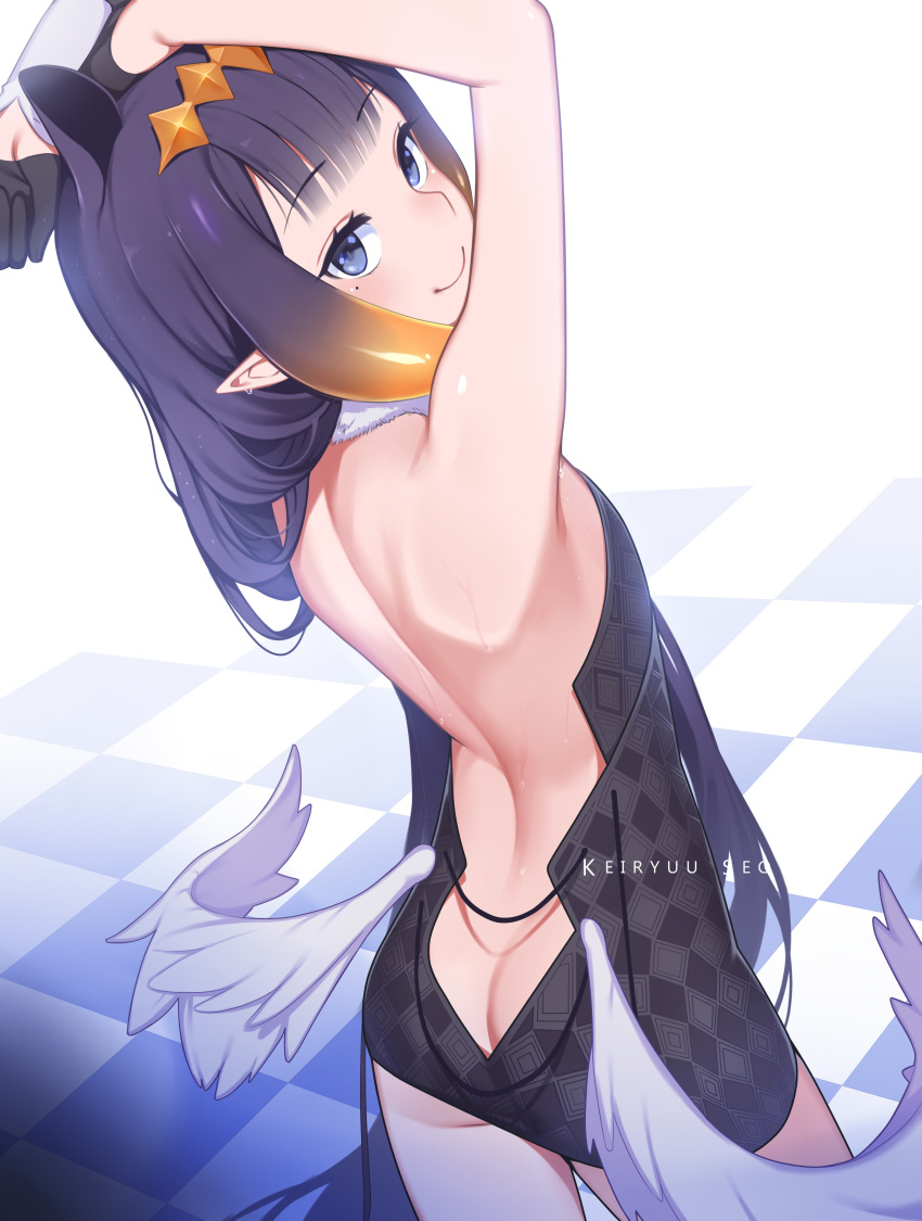 1girl absurdres arms_up artist_name ass bare_back black_dress black_gloves blue_eyes checkered_floor dress gloves highres hololive hololive_english keiryuu_seo long_hair mole mole_under_eye ninomae_ina'nis pointy_ears purple_hair smile solo tentacle_hair very_long_hair virtual_youtuber white_wings wings