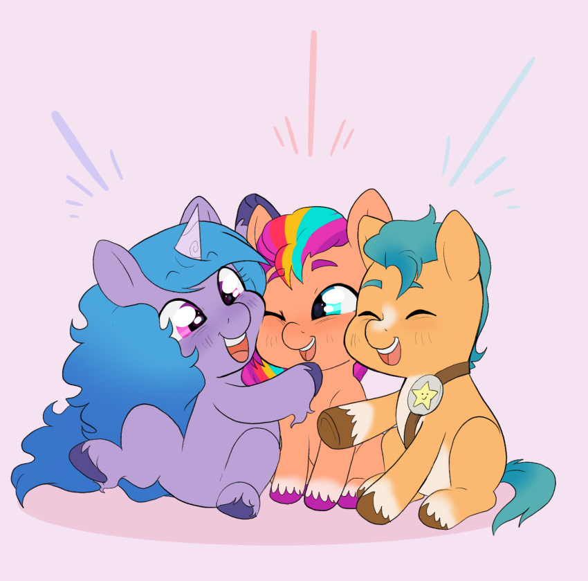 aztrial blue_eyes earth_pony embrace equid equine group hasbro hi_res hitch_trailblazer_(mlp) hooves horn horse hug izzy_moonbow_(mlp) leg_markings mammal markings mlp_g5 my_little_pony pony purple_eyes sash socks_(marking) sunny_starscout_(mlp) trio unicorn young