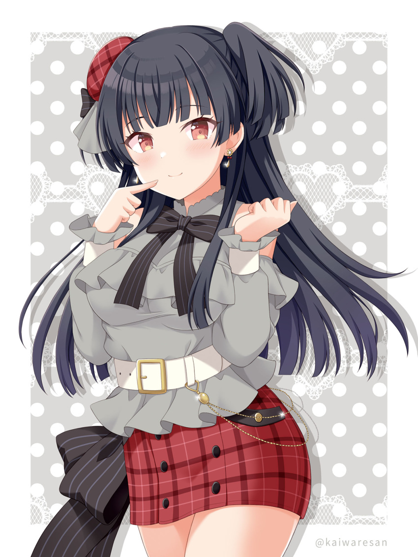 1girl belt belt_buckle beret black_bow black_hair bow breasts buckle closed_mouth commentary_request frilled_shirt frills grey_background grey_shirt hands_up hat heart highres idolmaster idolmaster_poplinks idolmaster_shiny_colors kaiware-san long_hair long_sleeves mayuzumi_fuyuko medium_breasts mini_hat plaid plaid_headwear plaid_skirt polka_dot polka_dot_background puffy_long_sleeves puffy_sleeves red_headwear red_skirt shirt skirt sleeves_past_wrists smile solo striped striped_bow tilted_headwear two-tone_background two_side_up very_long_hair white_background white_belt