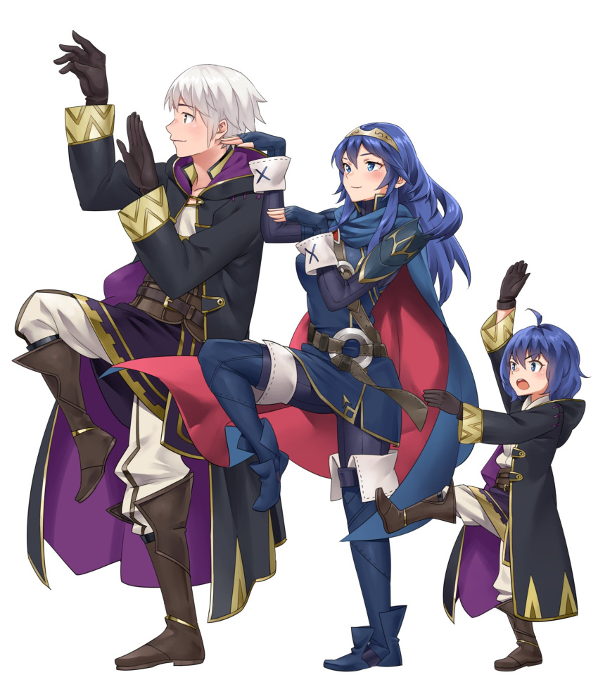 1boy 1girl ahoge blue_eyes blue_hair cape fire_emblem fire_emblem_awakening gloves highres igni_tion long_hair lucina_(fire_emblem) morgan_(fire_emblem) morgan_(fire_emblem)_(female) multiple_girls open_mouth parody robe robin_(fire_emblem) robin_(fire_emblem)_(male) short_hair smile standing standing_on_one_leg tiara white_hair yotsubato!