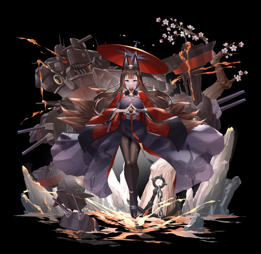 1girl absurdres amagi_(azur_lane) anchor animal_ears animal_print artillery azur_lane bird black_background breasts brown_hair brown_legwear brown_tail chain cherry_blossoms chinese_commentary coat crane_(animal) floating_clothes floating_hair fox_ears fox_tail full_body highres japanese_clothes jfzm001 kimono kitsune kyuubi large_breasts long_hair long_sleeves looking_at_viewer metal_belt molten_rock multiple_tails oil-paper_umbrella own_hands_together pantyhose purple_eyes purple_kimono red_coat red_umbrella rigging rudder_footwear sakuramon simple_background solo standing stone tachi-e tail torn_clothes torn_legwear tree turret umbrella wide_sleeves