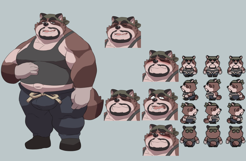 00murice 2022 anthro belly blush bottomwear brown_body bulge canid canine clothing eyes_closed hi_res kemono male mammal multiple_poses musclegut navel overweight overweight_male pants pose raccoon_dog shirt solo tanuki topwear