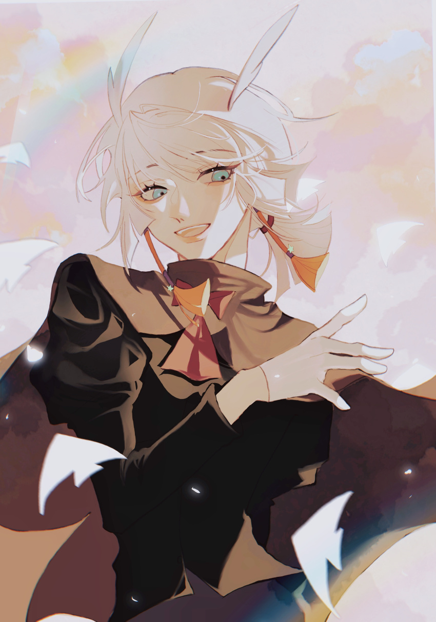 1boy absurdres blurry blurry_foreground earrings grey_hair highres jewelry looking_to_the_side mimizuku_(sky:_children_of_the_light) pointy_hair ponytail qiya570161 sky:_children_of_the_light smile tassel tassel_earrings upper_body white_bird white_hair